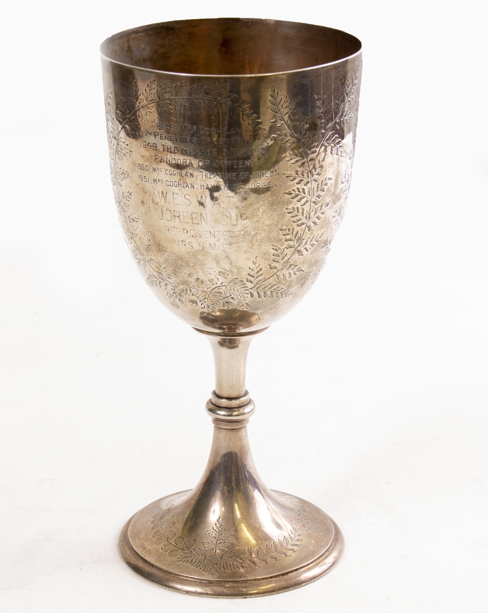 A VICTORIAN SILVER TROPHY CUP with foliate engraved decoration, awarded for the best airedale