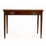 A 19TH CENTURY MAHOGANY RECTANGULAR FOLDOVER TEA TABLE with single frieze drawer, standing on square