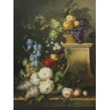 A LARGE DECORATIVE STILL LIFE oil on canvas, in a gilt gesso frame, 99cm x 73cm