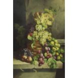 A DECORATIVE STILL LIFE oil on canvas, with grapes, plums and apples, in a gilded gesso frame, the