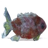 AN ART GLASS FISH SCULPTURE of curving form, indistinctly signed and dated 2002, 44cm wide x 28cm