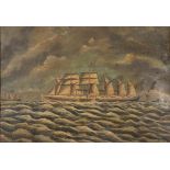 A 19TH CENTURY NAIVE OIL PAINTING ON TIN depicting a sailing ship with six masts, four funnels and