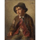 19TH CENTURY CONTINENTAL SCHOOL oil on board of a young boy, wearing a felt hat, signed with a