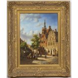 A LATE 20TH CENTURY CONTINENTAL STREET SCENE oil on board, in a gilded frame, 38cm x 28cm