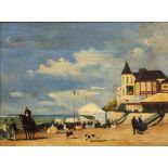 A DECORATIVE PAINTING DEPICTING FIGURES ON A BEACH beside a seaside frontage, oil on board, 39.5cm x