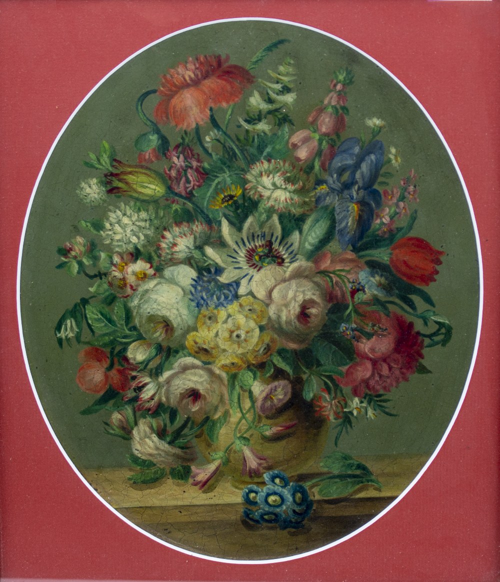 A 20TH CENTURY CONTINENTAL SCHOOL STILL LIFE OF FLOWERS on copper, unsigned, 30cm x 26cm