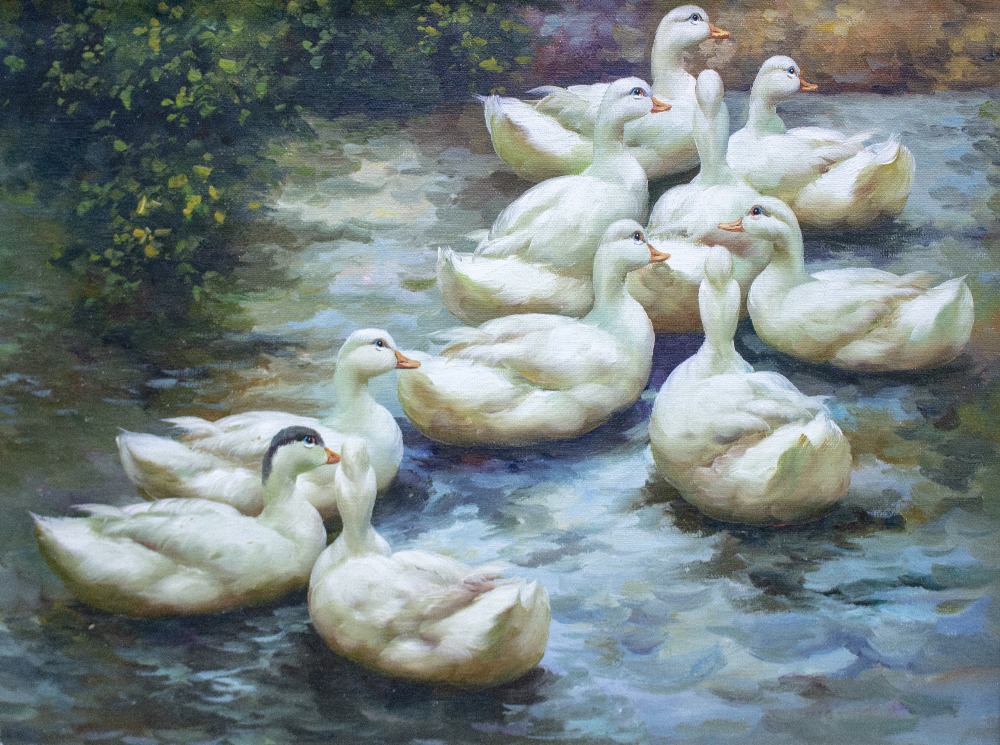 A DECORATIVE OIL PAINTING of ducks 29cm x 30cm together with a gilt framed mirror with bevelled