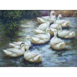 A DECORATIVE OIL PAINTING of ducks 29cm x 30cm together with a gilt framed mirror with bevelled
