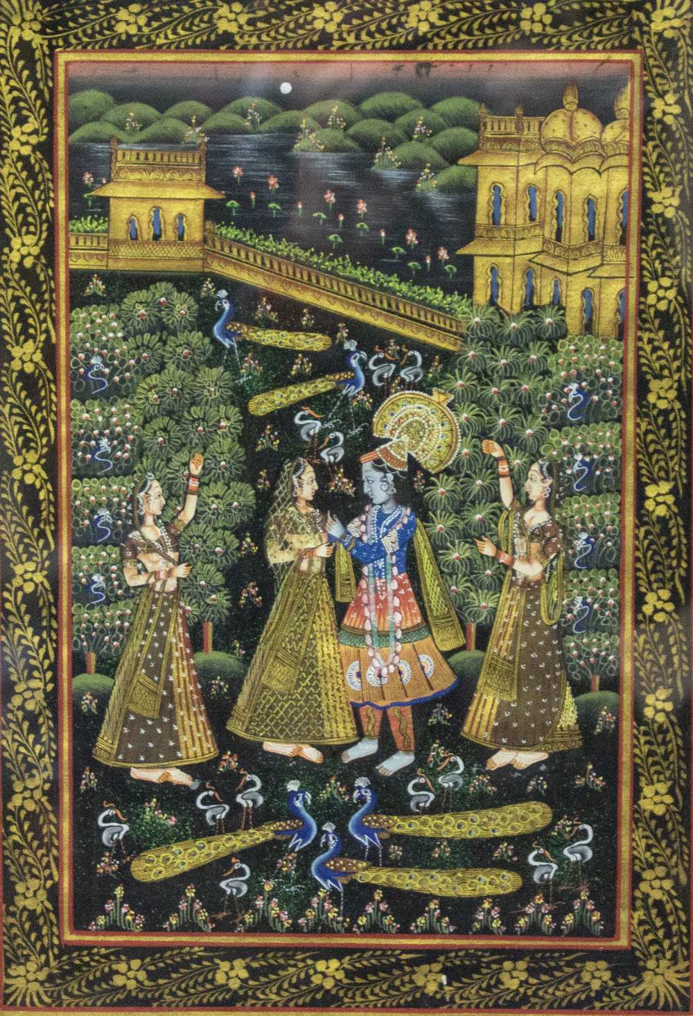 THREE DECORATIVE INDIAN PAINTINGS on cloth, depicting dancing figures, each 22cm x 31cm, framed