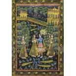 THREE DECORATIVE INDIAN PAINTINGS on cloth, depicting dancing figures, each 22cm x 31cm, framed