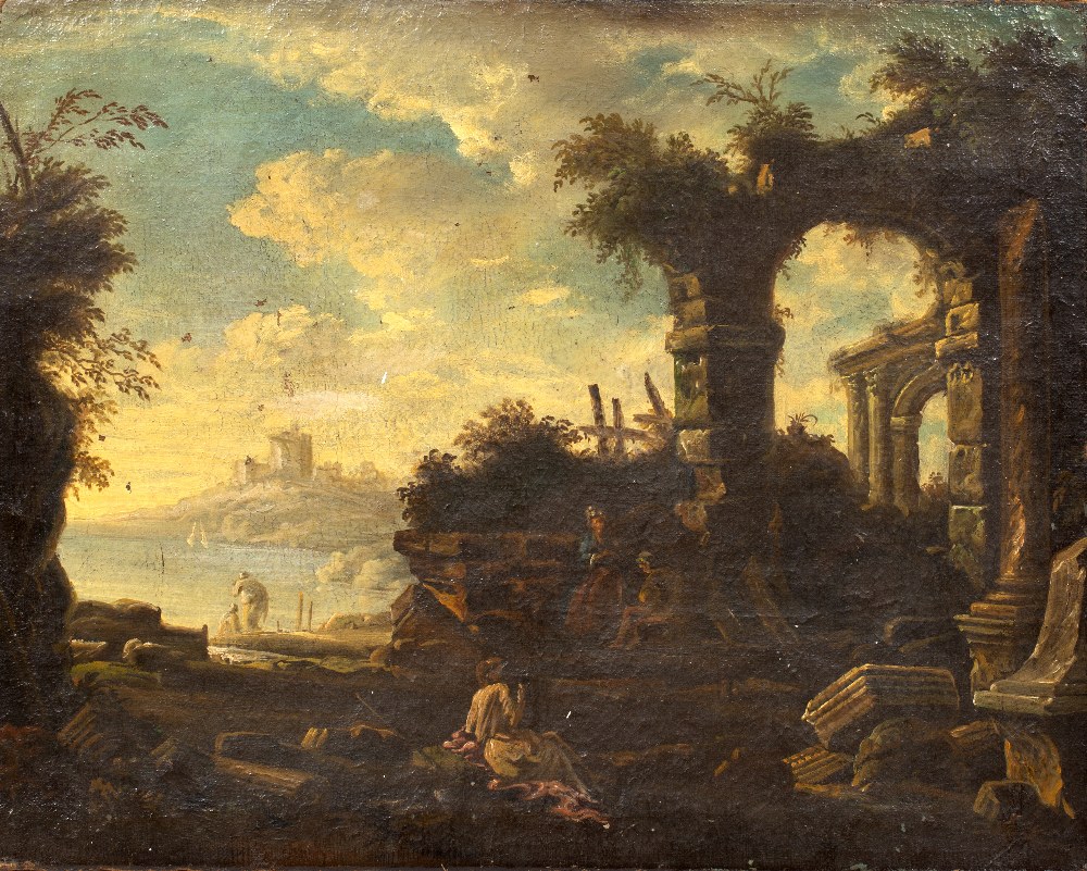IN THE MANNER OF CLAUDE LORRAIN Figures among classical ruins, oil on canvas, unframed 53cm x 67cm