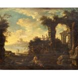 IN THE MANNER OF CLAUDE LORRAIN Figures among classical ruins, oil on canvas, unframed 53cm x 67cm
