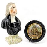 A STAFFORDSHIRE POTTERY BUST of John Wesley 31cm in height together with a Prattware pot lid 12cm