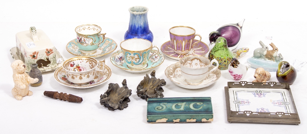 A QUANTITY OF CHINA to include a Ruskin art pottery vase, 19th Century porcelain cups and saucers,