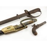 A LATE 19TH CENTURY MILITARY SWORD with a wooden grip and a metal scabbard, the blade 76.5cm long,