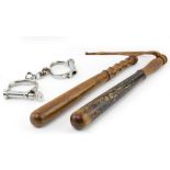 A 19TH CENTURY PAINTED WOODEN TRUNCHEON 38cm in length, a further truncheon and a pair of