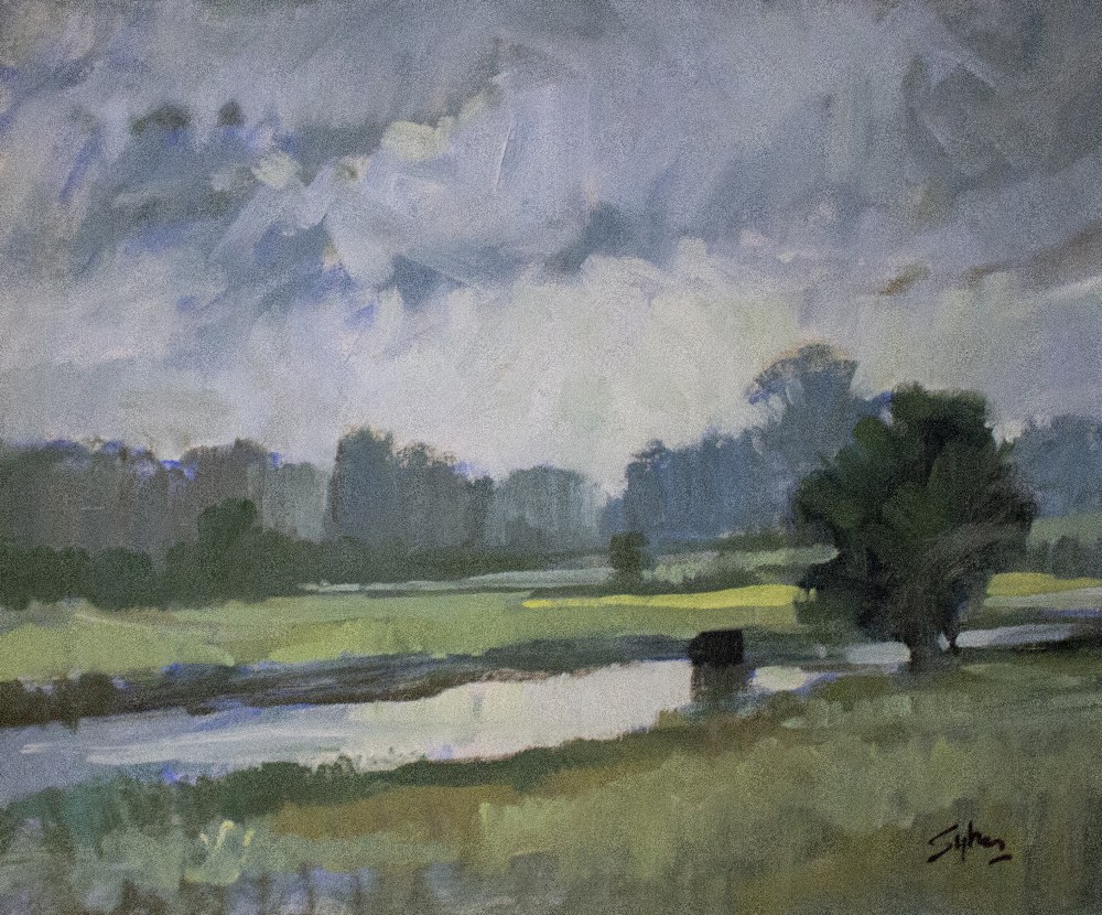 AUBREY F SYKES (1910 - 1995) A river landscape, oil on board, 49cm x 59cm; a seascape chalk