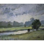 AUBREY F SYKES (1910 - 1995) A river landscape, oil on board, 49cm x 59cm; a seascape chalk