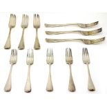 SIX SILVER LARGE TABLE FORKS and five smaller examples from the same set, all bearing marks for