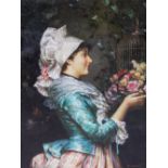 R.J.WEST decorative painting on board of a lady holding a bird cage, in a gilded gesso frame, 43cm x