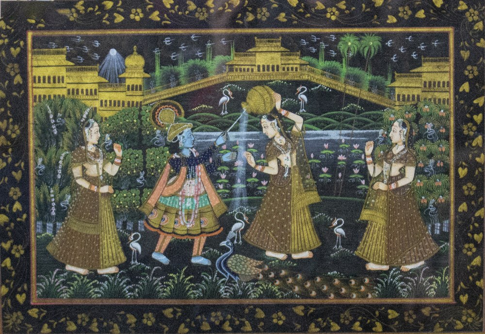 THREE DECORATIVE INDIAN PAINTINGS on cloth, depicting dancing figures, each 22cm x 31cm, framed - Image 2 of 3