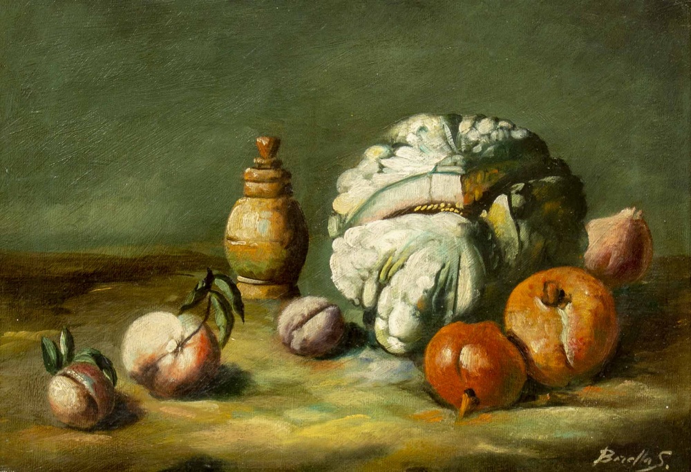 A CONTEMPORARY STILL LIFE of fruit and a grinder on a stone shelf in the manner of Chardin, signed
