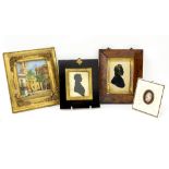 TWO 19TH CENTURY SILHOUETTES a miniature portrait and a small watercolour in a gilt frame (4)