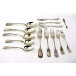 A QUANTITY OF SILVER FLATWARE to include three silver serving spoons, two table spoons, two