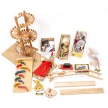 A GROUP OF WOODEN TOYS two Pelham puppets to include a boxed wolf, various lead soldiers and a Mr