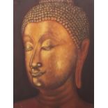 A DECORATIVE WALL MIRROR with moulded edge frame, 71cm x 101cm and a contemporary 'head of a Buddha'