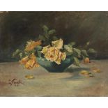E * FRENCH Still life - a bowl of yellow roses, signed and dated 1930, oil on canvas, 37 x 47cm; and