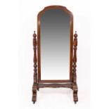 A 20TH CENTURY MAHOGANY FRAMED CHEVAL MIRROR with bevelled edge mirror plate, 79cm x 159cm x 63cm