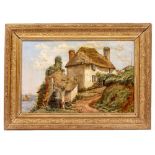 A 19TH CENTURY ENGLISH SCHOOL 'Thatched Cottage', oil on canvas, unsigned, indistinctly signed label