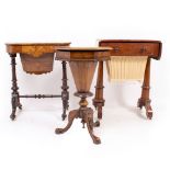 A VICTORIAN WALNUT WORK TABLE with satinwood inlay 63cm wide, a Victorian walnut octagonal work