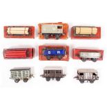 A GROUP OF SIX HORNBY 'O' GAUGE BOXED PIECES OF ROLLING STOCK to include a break van, number 1