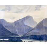 A MOUNTAIN LANDSCAPE watercolour, in the style of Paul Henry, 23cm x 29cm
