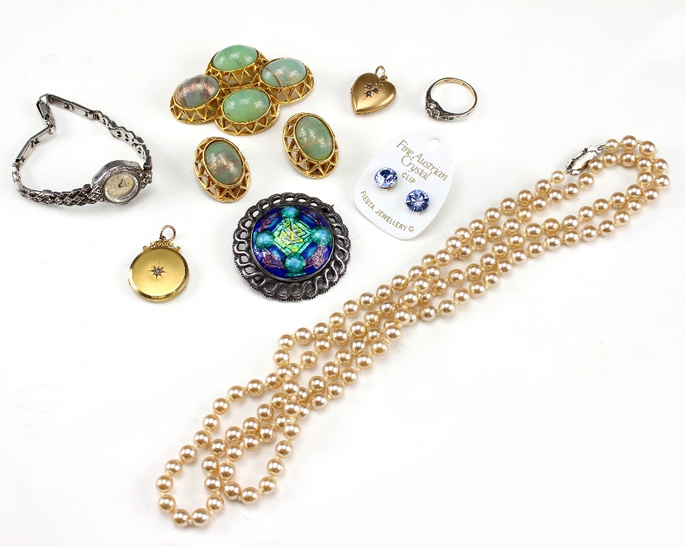 A SELECTION OF COSTUME JEWELLERY to include a Regency marcasite cocktail style watch, an enamel