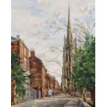 W.L. RODGERSON a street scene with cathedral, oil on canvas, dated 1974, 75cm x 59cm; A.E. FIRTH, an