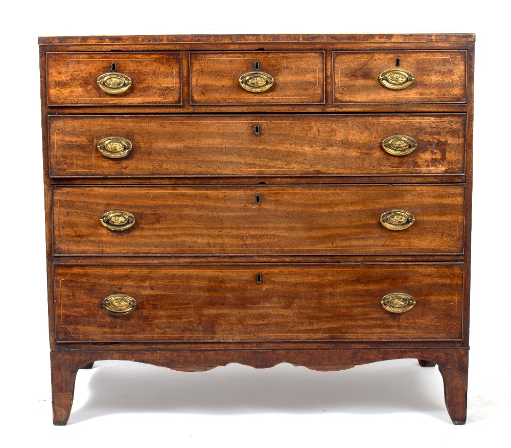 A 19TH CENTURY MAHOGANY CHEST OF THREE SHORT AND THREE LONG DRAWERS standing on bracket feet, 112.