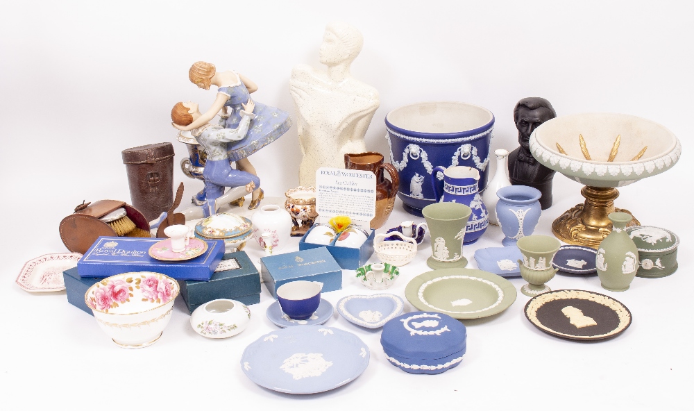 A SELECTION OF WEDGWOOD JASPERWARE to include jardiniere decorated with figures amongst trees, a