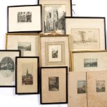 A COLLECTION OF ETCHINGS watercolours, photographs etc., to include indistinctly signed examples