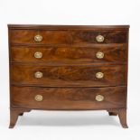 A 19TH CENTURY MAHOGANY BOW FRONTED CHEST of two short and three long drawers with splayed bracket