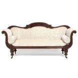 A VICTORIAN STYLE MAHOGANY FRAME SCROLL ARM SETTEE with an upholstered back and seat 230cm wide x