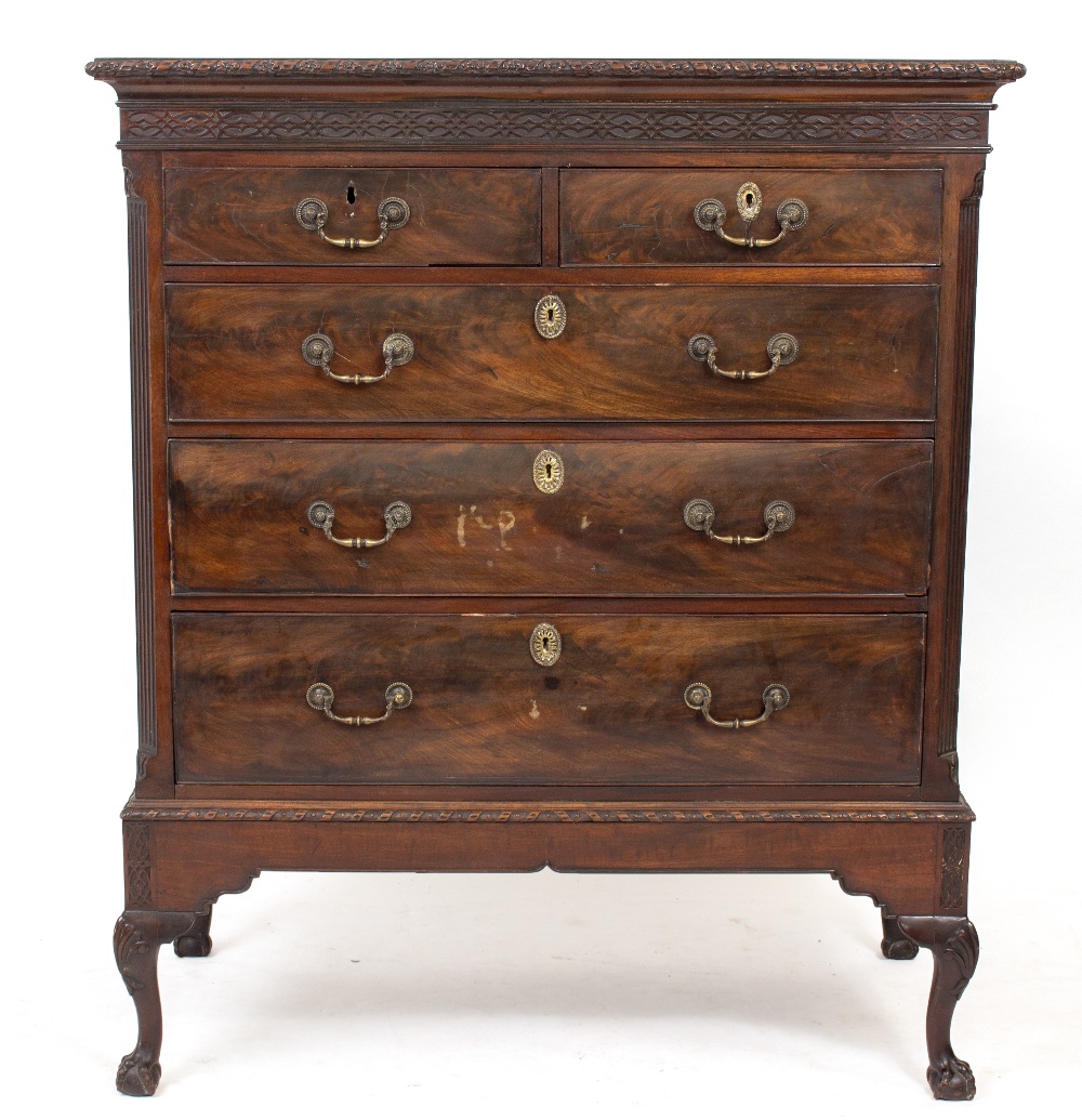 A CHEST OF DRAWERS ON STAND consisting of two short and three long drawers, standing on cabriole