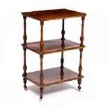 A LATE 19TH CENTURY BURR WALNUT THREE TIER ETAGERE with turned supports 56cm wide x 39,5cm deep x