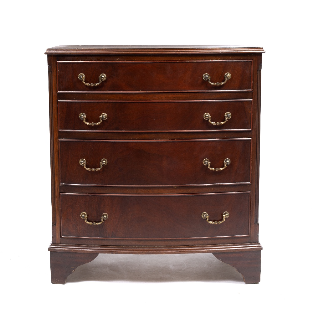 A REPRODUCTION MAHOGANY BOW FRONTED CHEST OF FOUR LONG DRAWERS with bracket feet, 69cm wide x 44.5cm