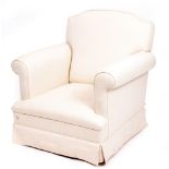 A WHITE LINEN UPHOLSTERED ARMCHAIR 89cm wide x 92cm deep x 93cm high