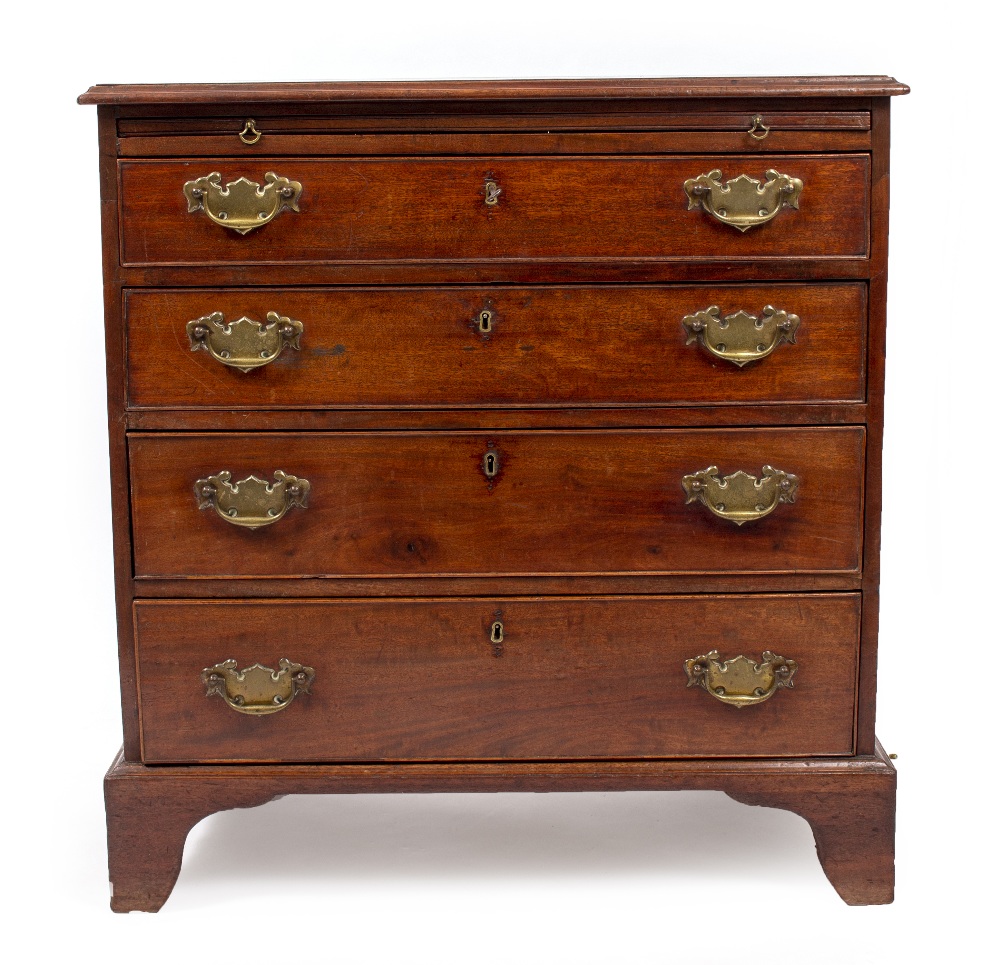 A GEORGE III MAHOGANY CHEST OF FOUR DRAWER with brass swan neck handles, standing on bracket feet,