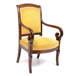 A VICTORIAN ROSEWOOD SCROLL ARM OPEN ARMCHAIR with an upholstered back and seat 59cm wide x 47cm