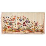 AN EARLY 20TH CENTURY CREWEL WORK EMBROIDERED PANEL worked in coloured threads on linen,